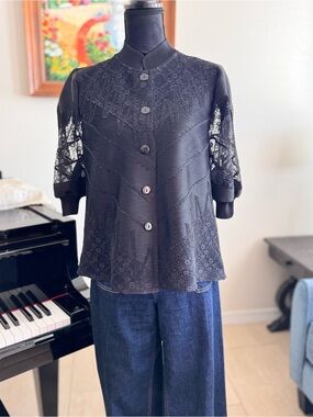 Black Lace-Detail Short Sleeve Button Front Top
